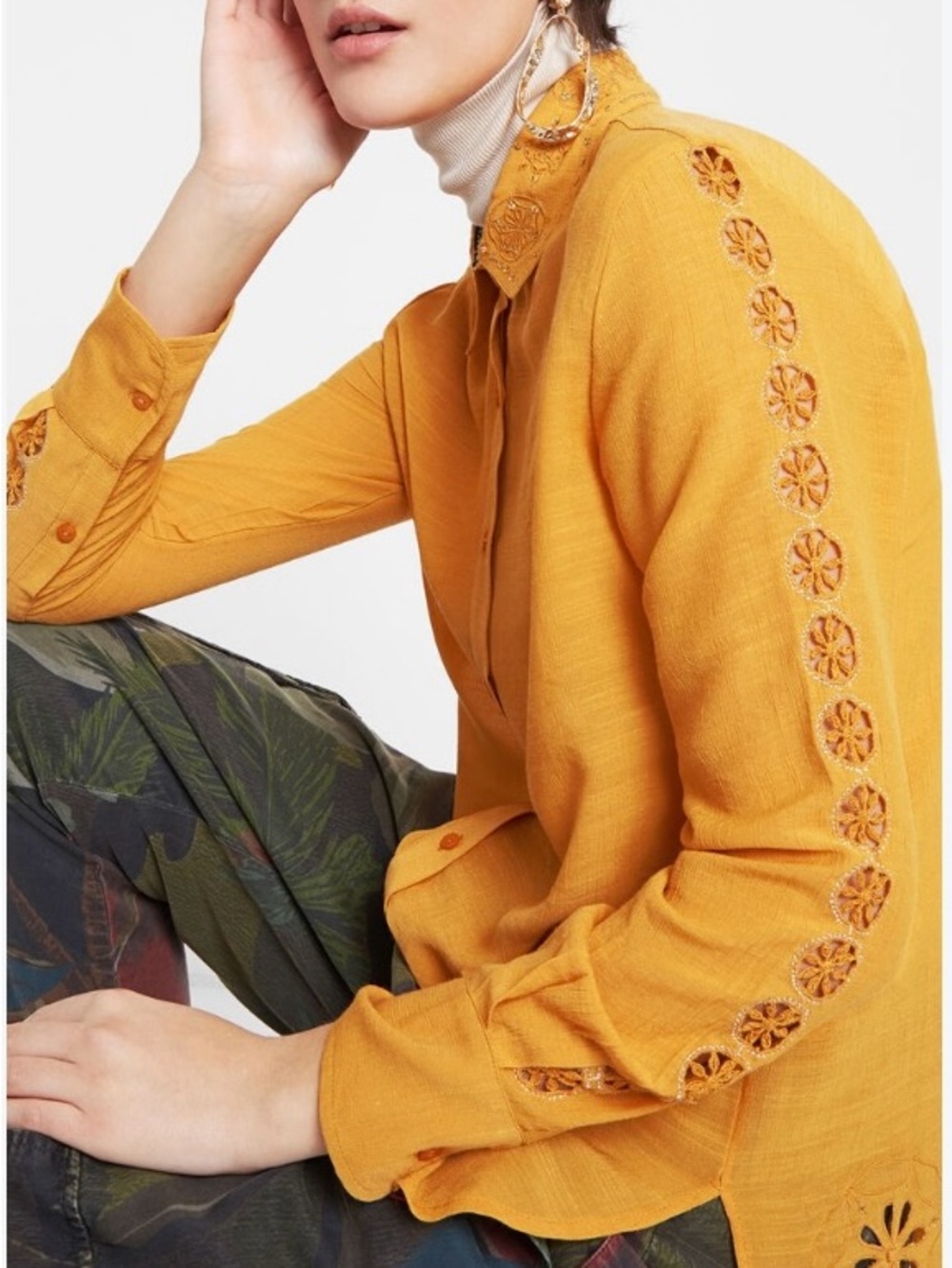 Desigual Mustard Yellow Embroidered Button-Down Shirt